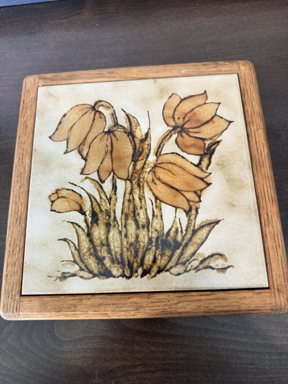Vintage Ceramic Tile Hot Plate with Tulips 9.5" Gail Craft Style